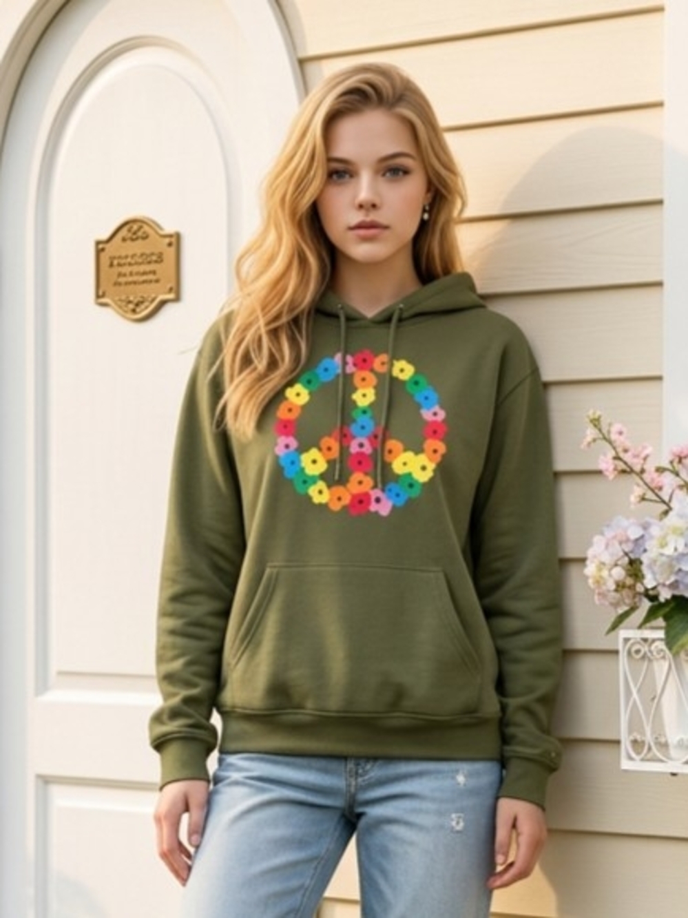 Phluid Project Olive Green Hoodie Peace Sign Of Rainbow-Colored Flowers M EUC
